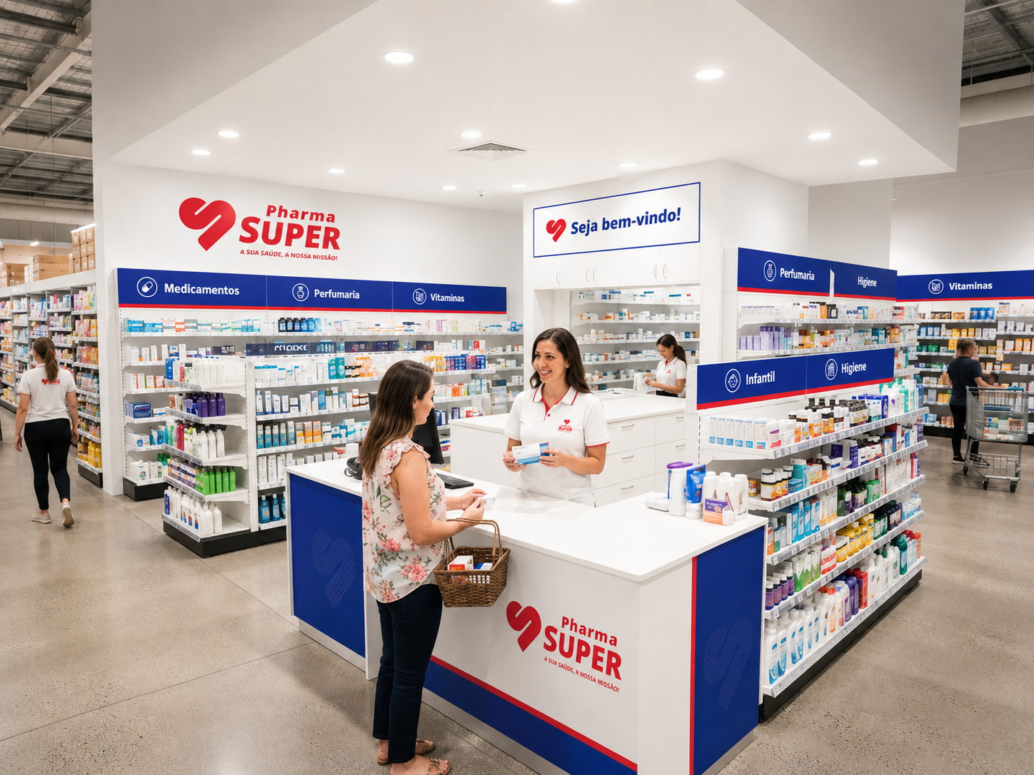 Farmácia integrada moderna dentro de supermercado