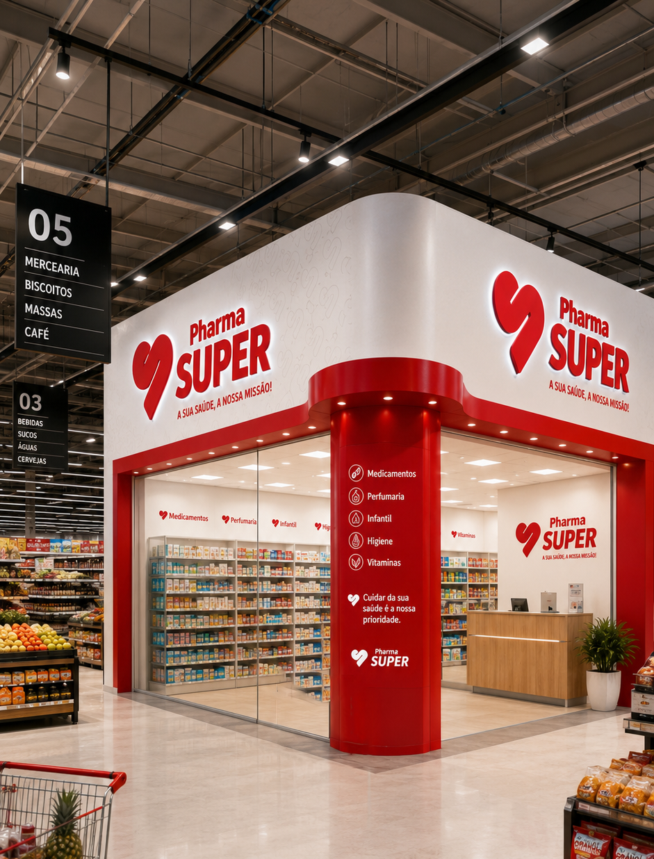 Família fazendo compras em um supermercado com farmácia integrada no mesmo ambiente